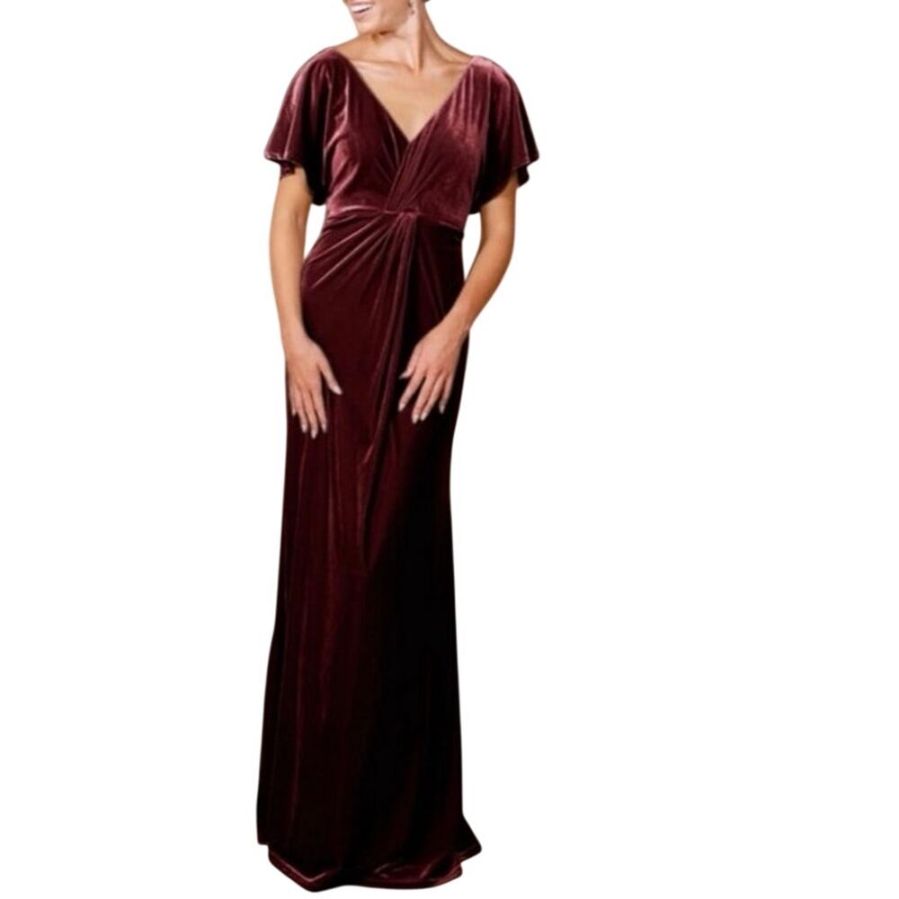Revelry Gwen Velveteen Burgundy Empire Waist Formal Gown Flutter Sleeve Size 12